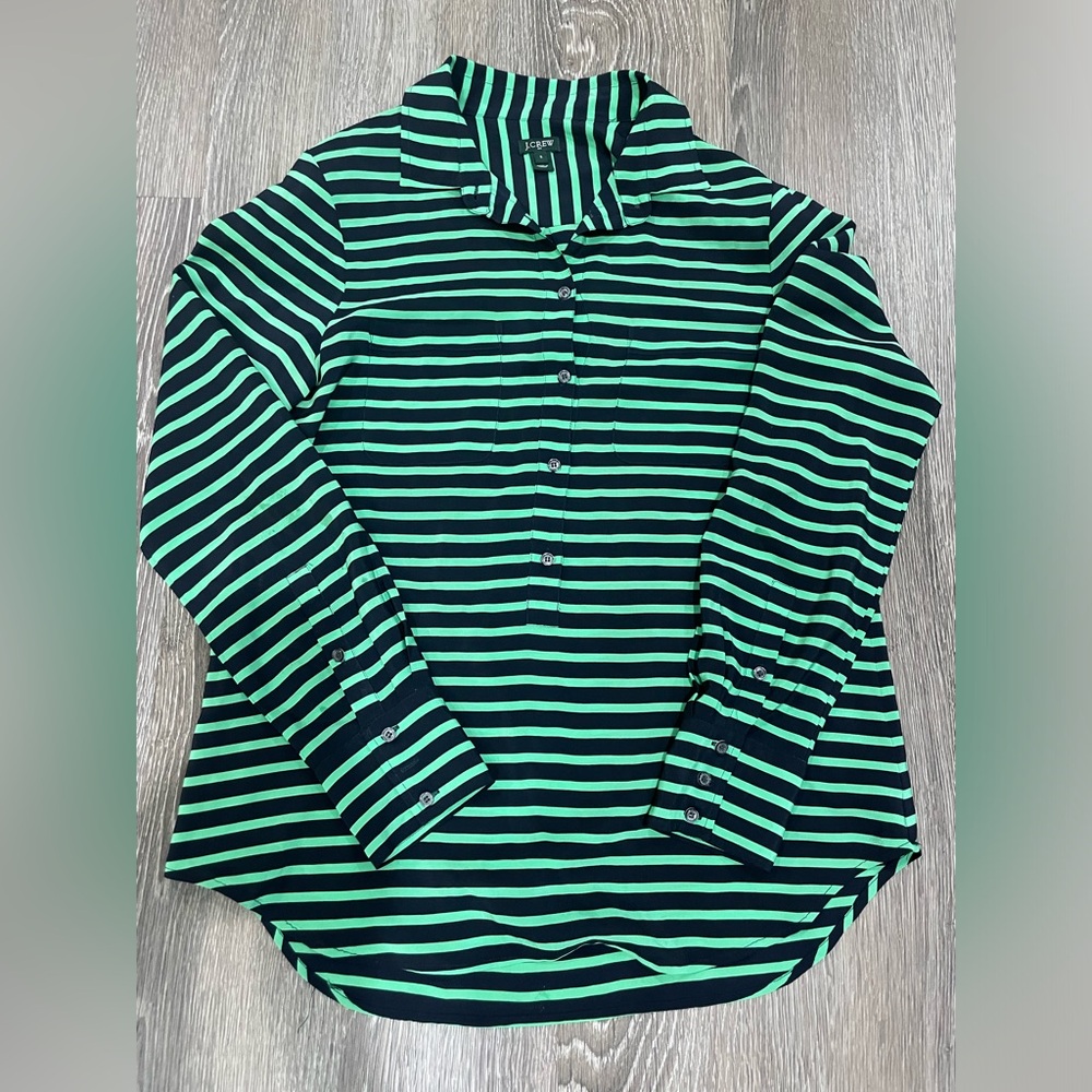 JCREW Black and Green Striped Blouse Size Small